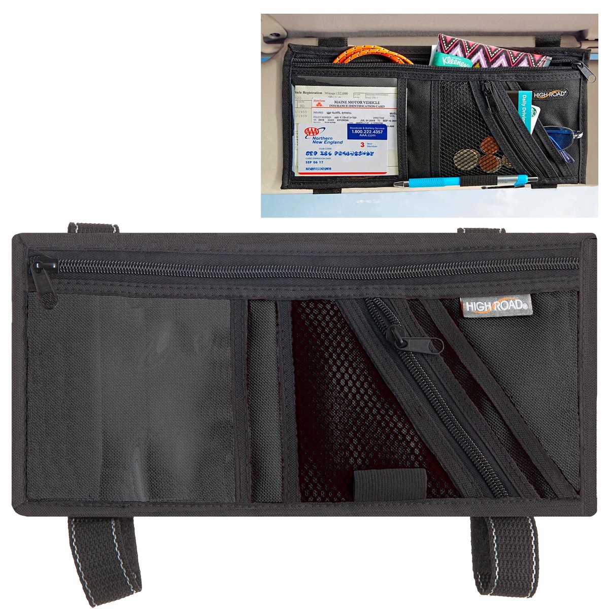 High Road Car Visor Organizer with Secure Zip Pockets, Sunglasses Holder and Clear Registration and Insurance Pocket  Heavy Dut